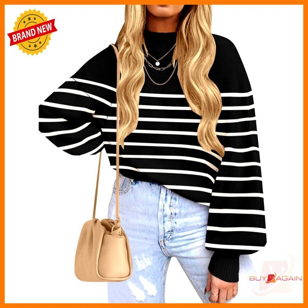 Striped Ribbed Knit Pullover Turtleneck Loose Fit Batwing Sleeves Y2K